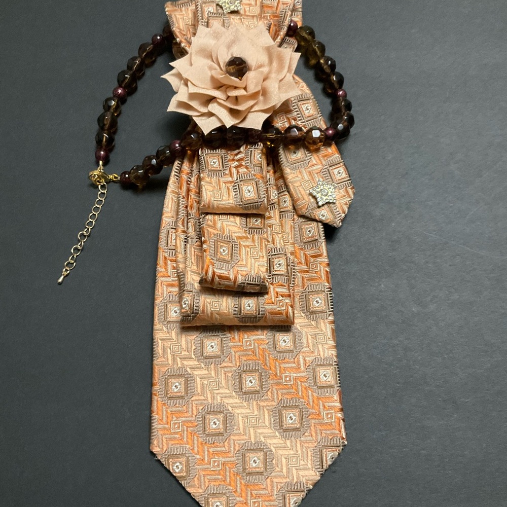 “SOLD” Handcrafted Necktie Necklace with Tan Floral Accent and Brown Beaded - Picture 2 of 5